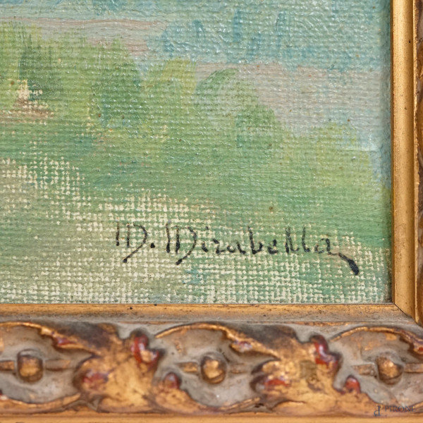 Tempio di Selinunte, olio su tela, firmato in basso a destra M. Mirabella, cm 26,5x52,2, entro co...