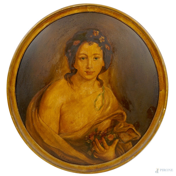 Ritratto femminile con fiori, olio su cartone in assetto circolare, XIX-XX secolo, firmato in basso a sinistra, entro cornice