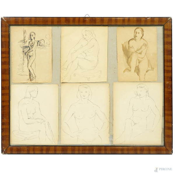 Sei disegni raffiguranti studi di nudi femminile, china su carta, autori diversi del XX secolo, misura max cm 28x22, entro un'unica cornice di cm 54x68