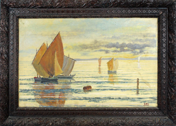 Marina con imbarcazioni, olio su tela, cm 45x69, firmato, entro cornice