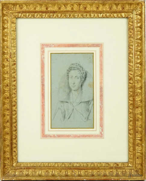 Attr. a Ottavio Leoni (Roma 1578-1630), Ritratto femminile, matita su carta, cm 23x13, entro cornice, (difetti)