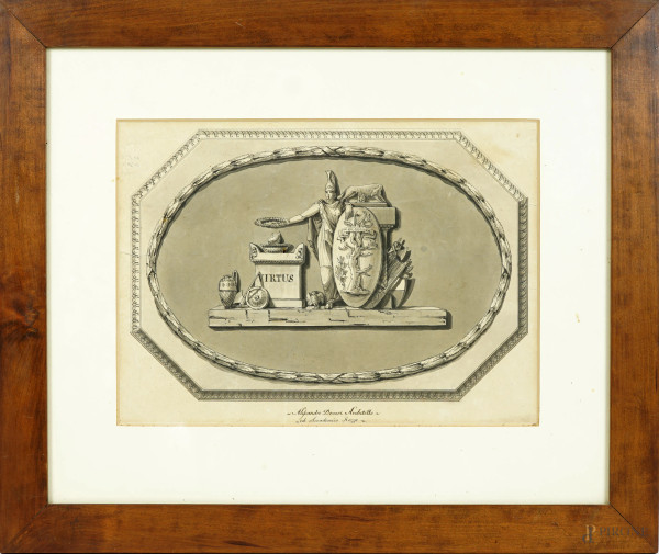 Alessandro Doveri (Siena, 1771 –  1845), Probabile progetto decorativo per il Teatro dei Rozzi a Siena, disegno acquerellato su carta, cm 42,5x52,5, entro cornice