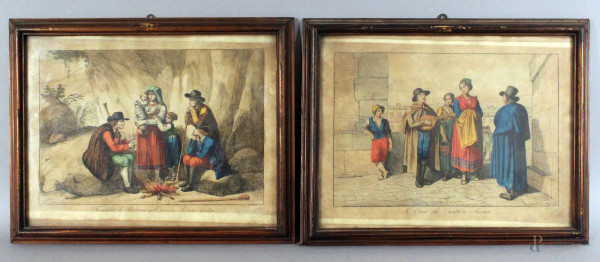 Coppia incisioni acquarellate del Pinelli, raffiguranti scene di genere, cm. 23x31 cm, entro cornici.