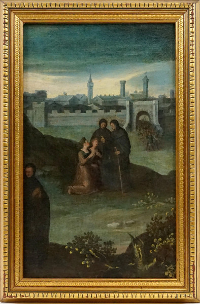 Pittore del XVII secolo, Paesaggio con frati e figure, olio su tela, cm 49,5x31, entro cornice.