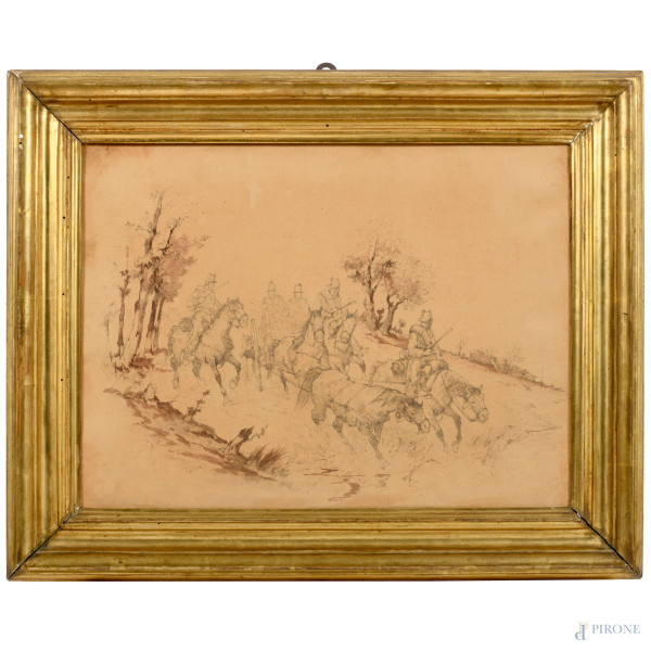 Soldati a cavallo, XX secolo, disegno a tecnica mista su carta applicata su tela, cm 39x51, entro cornice, (mancanze, tracce di umidità, foxing)