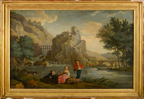 Pescatore e donne in paesaggio, olio su tela, fine del XIX inizi del XX secolo, cm 56,5x88 entro cornice, (difetti)
