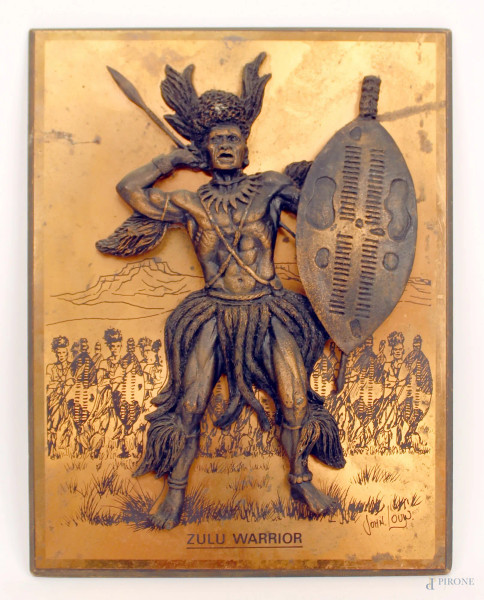 Guerriero Zulu, altorilievo tribale in rame, manifattura Africa del sud, cm.26x33, anni &#39;70.