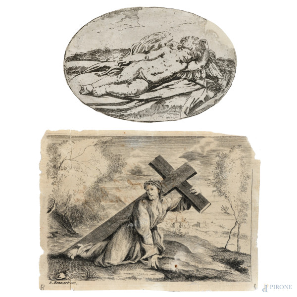Lotto di due incisioni raffiguranti Cristo portacroce e Amore dormiente, XIX secolo, misure massime cm 13x18, (segni di usura, tracce di umidità, gore, foxing, lacerazioni della carta, tracce di piegatura)