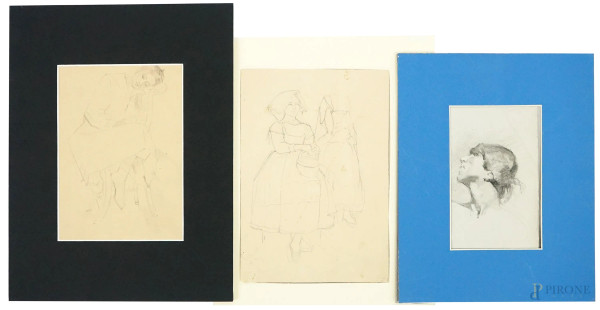 Attr.a Pio Ioris (1843-1921), lotto di tre disegni raffiguranti soggetti diversi, misure max cm 20,5x14
