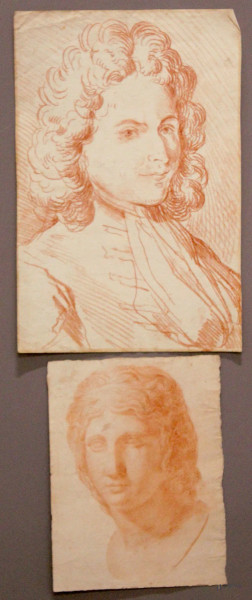 Lotto di due studi raffiguranti volti a sanguigna su carta, 42x88 - 29x22 cm, XVIII e XIX sec.