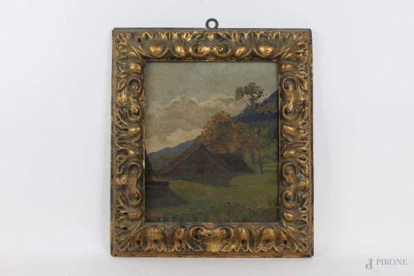 Camillo  Besana - Paesaggio con case, olio su cartone telato, cm 30x24,5, entro cornice