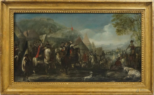 Pittore del XVIII secolo, Accampamento militare, olio su tela, cm 60x115, entro cornice.