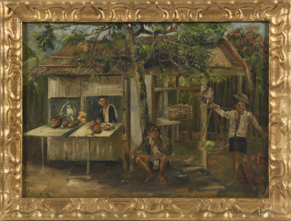 Mercato sudamericano, XX secolo, olio su cartone telato, cm 31x42, entro cornice, (segni di usura, supporto imbarcato, abrasioni)