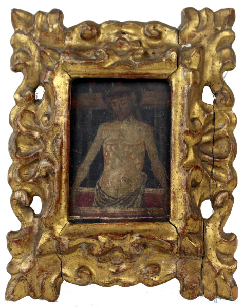 Antica tavola raffigurante Cristo nel sepolcro, olio su tavola, cm 14x10, entro cornice, (difetti e cadute di colore).