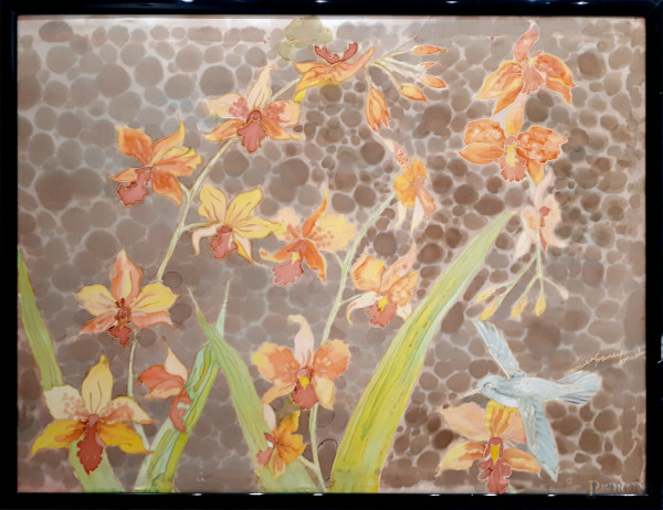 Artista del Novecento, Orchidee, raffinato dipinto su seta pura, cm 95x85, con cornice, firmato