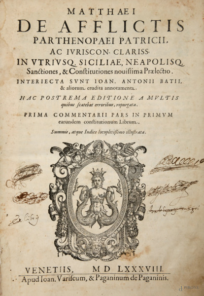 Matthaei De Afflictis Parthenopaei Patricii […] Venezia, 2 voll, 1588, (difetti, gore, strappi, umidità)