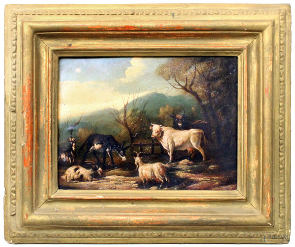 Paesaggio con armenti, olio su rame cm 24x31, XIX sec., entro cornice.