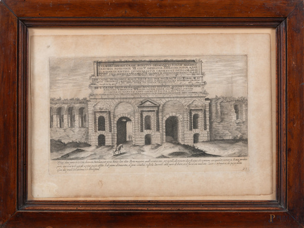 Incisione raffigurante Porta Maggiore, XIX secolo, cm 22x32,5, entro cornice, (segni di usura, tracce di umidità, foxing, gore, segni di piegatura)