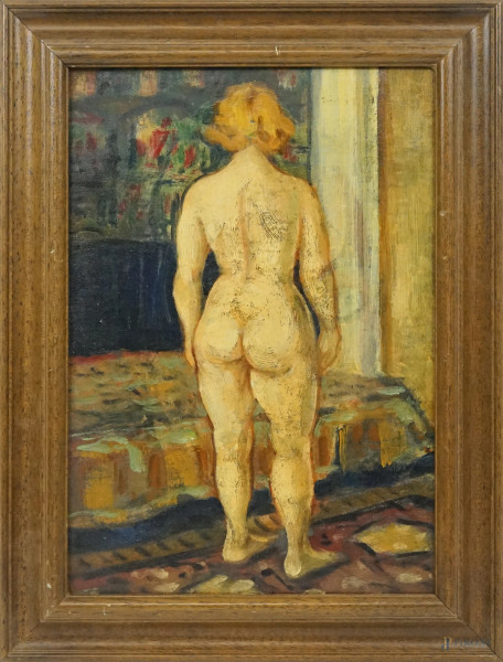 Artista del XX secolo, Nudo femminile di schiena, olio su cartone, cm 38x27, in cornice.