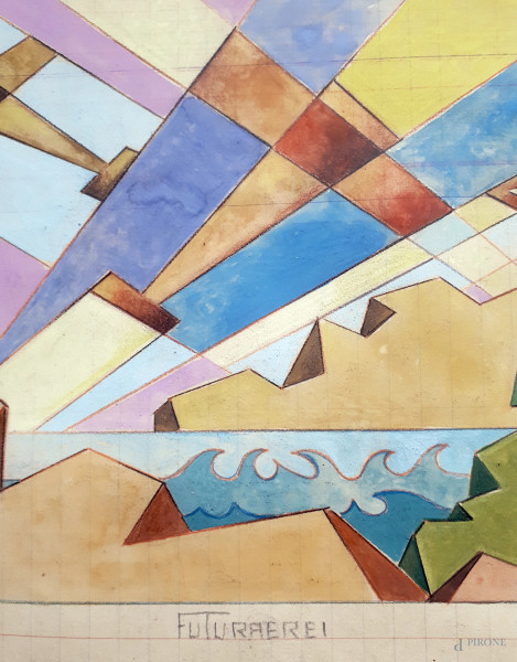 Vittorio Caproni (XX sec.) Aeropittura, tempera su carta, cm 22x35, titolato "Futuraerei" in bass...