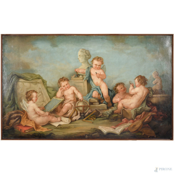 Allegoria delle Arti, XIX secolo, olio su tela, cm 87x141 entro cornice, (piccole cadute di colore e lievi segni di piegatura della tela)