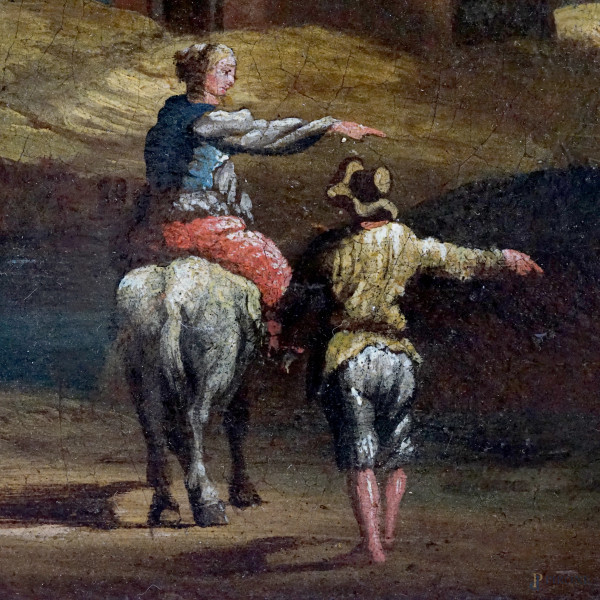 Pittore veneto del XVIII-XIX secolo, Paesaggio con viandati, olio su tela, cm 40x66,5, entro corn...