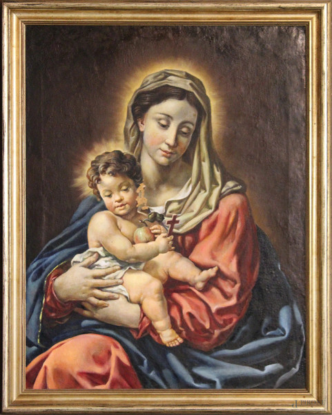 Madonna con bambino, olio su tela 94x73 cm, primi'900, entro cornice.