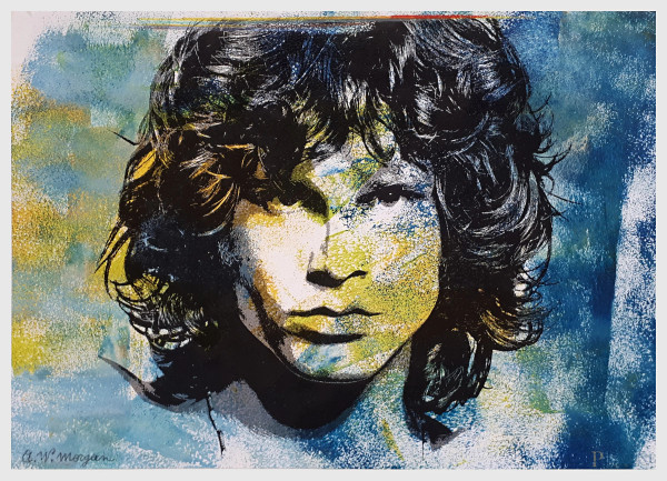 Jim Morrison, elaborazione digitale, laser print e tecnica mista su carta, cm 21x30, firmato, opera del maestro Anton Walter Morgan