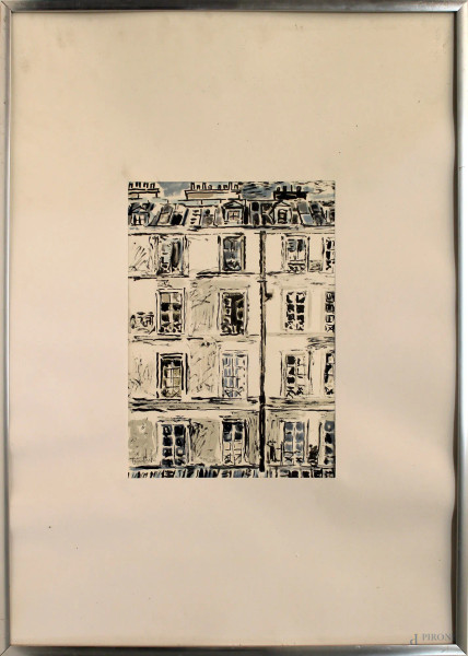 Orfeo Tamburi - La facciata, litografia 55/100, cm 32x22, entro cornice.