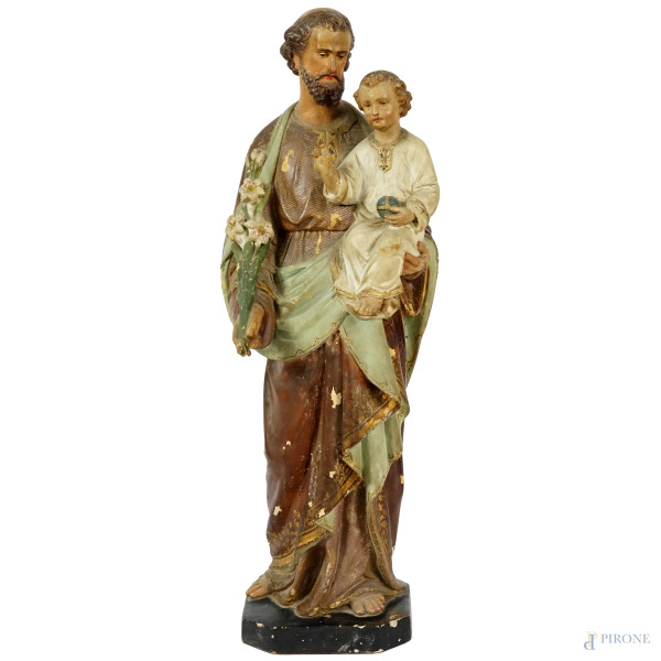 San Giuseppe con il Bambino, scultura in gesso policroma, XX secolo, altezza cm 42 (rotture e difetti)