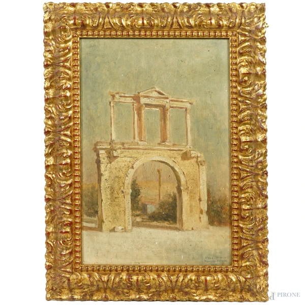 Arco di Adriano ad Atene, olio su tavola, firmato e datato in basso a destra 15-IX-33 / Augusto Orlandi, cm 43.3x29, entro cornice