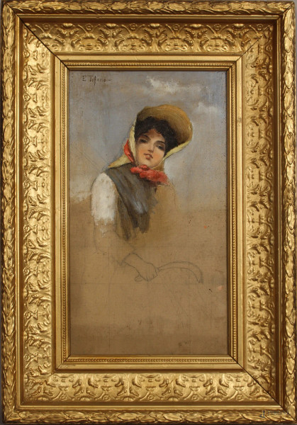 Edoardo  Tofano - Ritratto di contadina, olio su tela, cm. 45x25, entro cornice.