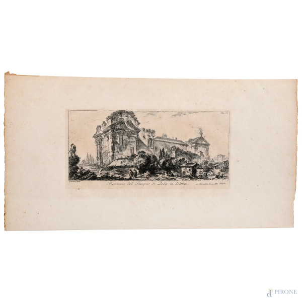 Giovanni Battista Piranesi (1720 - 1778), Rovescio del tempio di Polla in Istria, acquaforte I stato, foglio cm 29x46, (piegature, tracce di umidità, foxing, segni di usura)