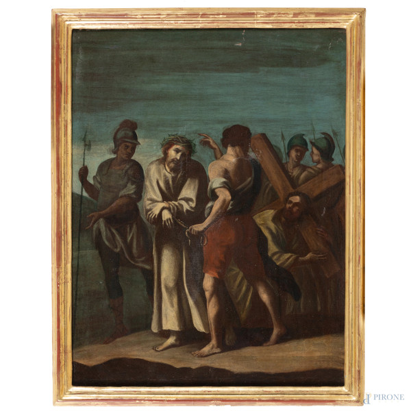 Via Crucis, olio su tela, XVIII secolo, cm 79,5x60, entro cornice, (segni di usura, craquelure, lacerazioni, restauri)
