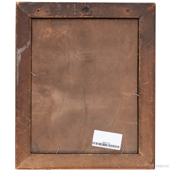 Profilo di fanciulla con cappello, XIX-XX secolo, tecnica mista su carta, cm 20x15, entro cornice...