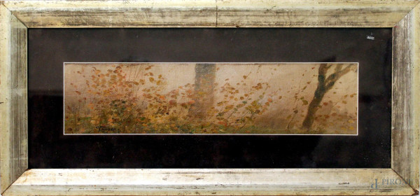 Paesaggio con alberi, olio su tela, cm 10x40, firmato Rossano, entro cornice.