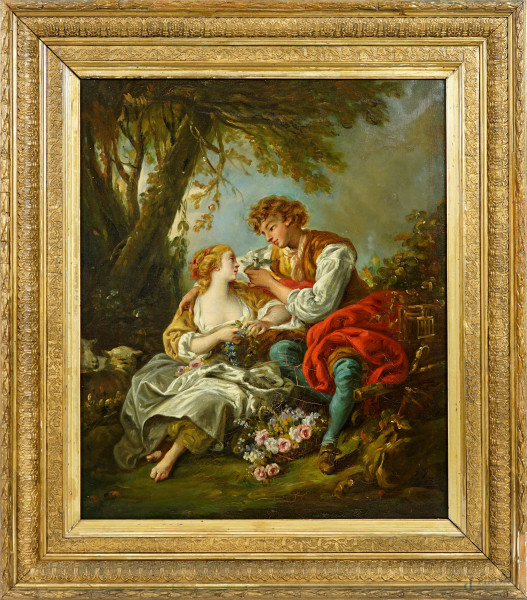 Da François Boucher (Parigi, 1703 – 1770), La gabbia, olio su tela, cm 58x46,5, entro cornice