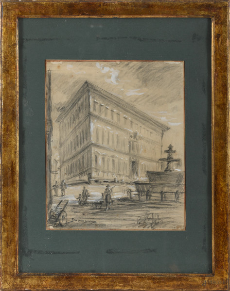 Palazzo farnese, XX secolo, grafite e biacca su carta, cm 43x32 compreso passepartout entro cornice, firmato in basso a sinistra, (segni di umidità, foxing, gore)