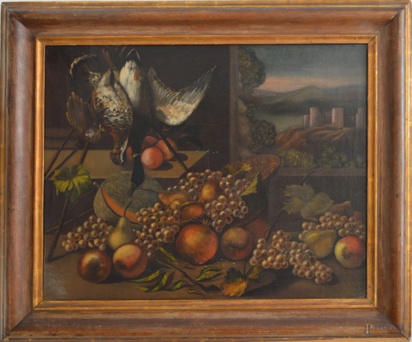 Natura morta frutta e cacciagione, olio su tela 64x82 cm, entro cornice, XIX sec.