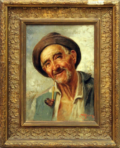 Raffaele Frigerio - Ritratto di contadino con pipa, olio su tela, 28x39 cm, entro cornice
