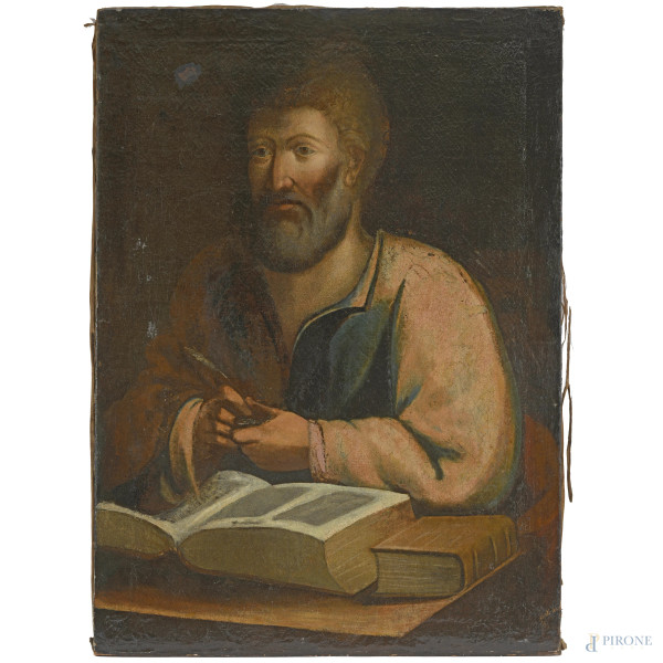 Santo nell'intento di scrivere un volume, XVII secolo, olio su tela, cm 100x72, (difetti)