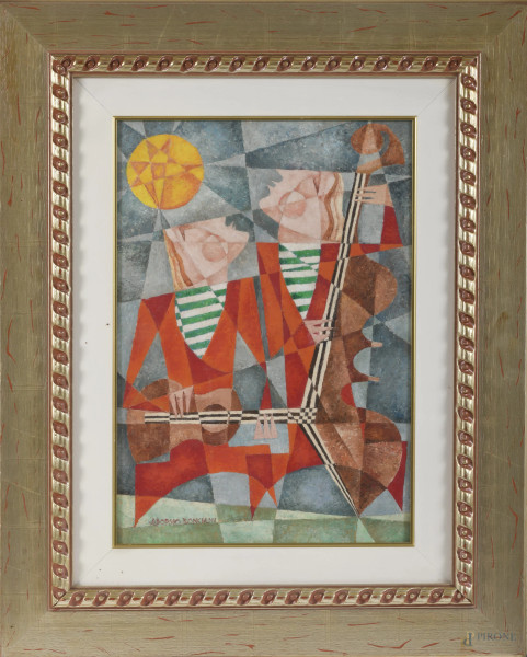 Adorno Bonciani (1920-), Coretto cubista con contrabasso e chitarra, olio su cartone, cm 50x35, firmato in basso a sinistra, entro cornice