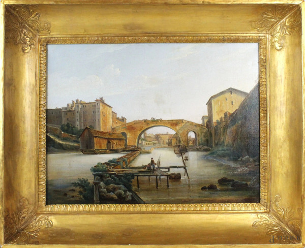 Scuola italiana del XIX secolo, Veduta dell'antico Ponte Cestio (demolito nel 1888) con l'Isola Tiberina, olio su tela, cm 41x55,5, cornice coeva in legno intagliato e dorato