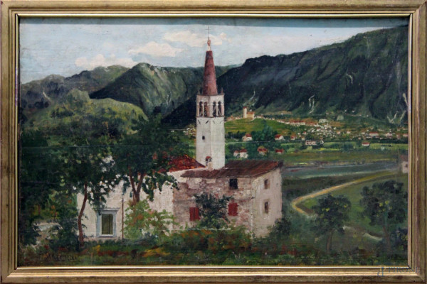 Scorcio di paesaggio montano con chiesa, olio su tavola, 34x54 entro cornice firmato Sartorelli