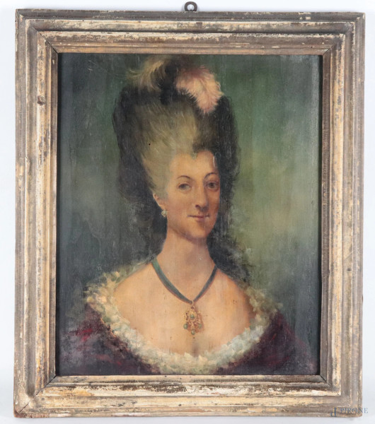 Ritratto di nobildonna, XIX-XX secolo, olio su tavola, cm 41,5x34, entro cornice, (segni di usura, abrasioni, cadute di colore, difetti)