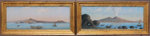 Coppia gouaches, raffiguranti Golfo di Napoli sullo sfondo Vesuvio, dipinti su carta, cm 22 x 59, recanti firma V. Loria, entro cornici.