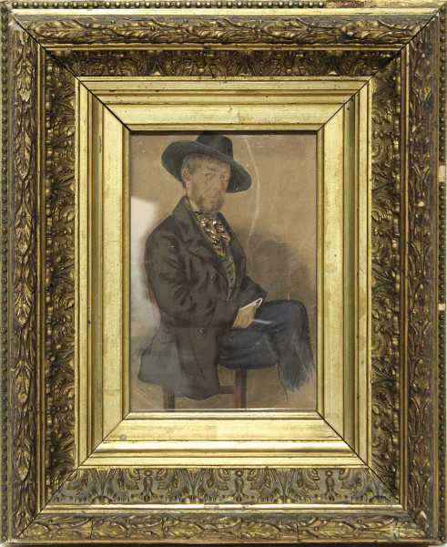 Ritratto d'uomo con cappello, acquarello su carta 20x15 cm, firmato e datato, entro cornice.