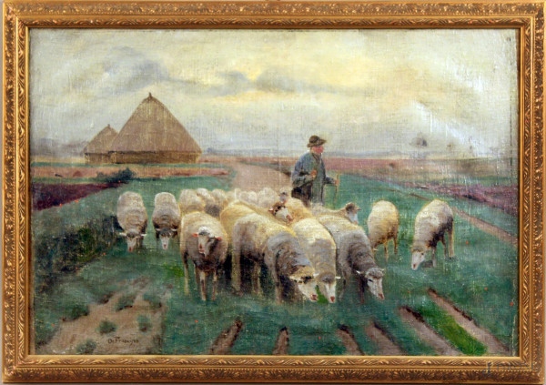 Paesaggio con pastore e gregge, olio su tela, cm. 41x61, firmato entro cornice.