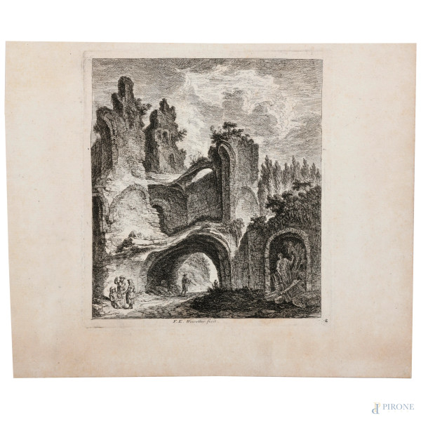 Weirotter Franz Edmund ( 1730 - 1771) Lotto di due acqueforti dalla serie "Viaggi in Italia", mis...