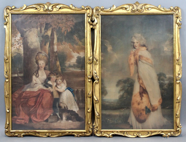 Coppia di oleografie raffiguranti Elizabeth Farren da Thomas Lawrence e Lady Elizabeth Delm&#233; e i suoi figli da Sir Joshua Reynolds, cm. 55x35, entro cornici dorate.